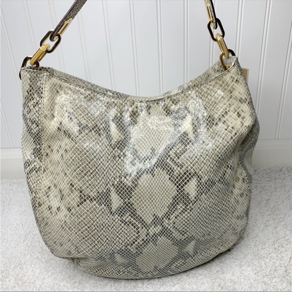 NWT MICHAEL MICHAEL KORS 'Fulton' Embossed Chain Angora Beige Grey Python Purse - Picture 2 of 12